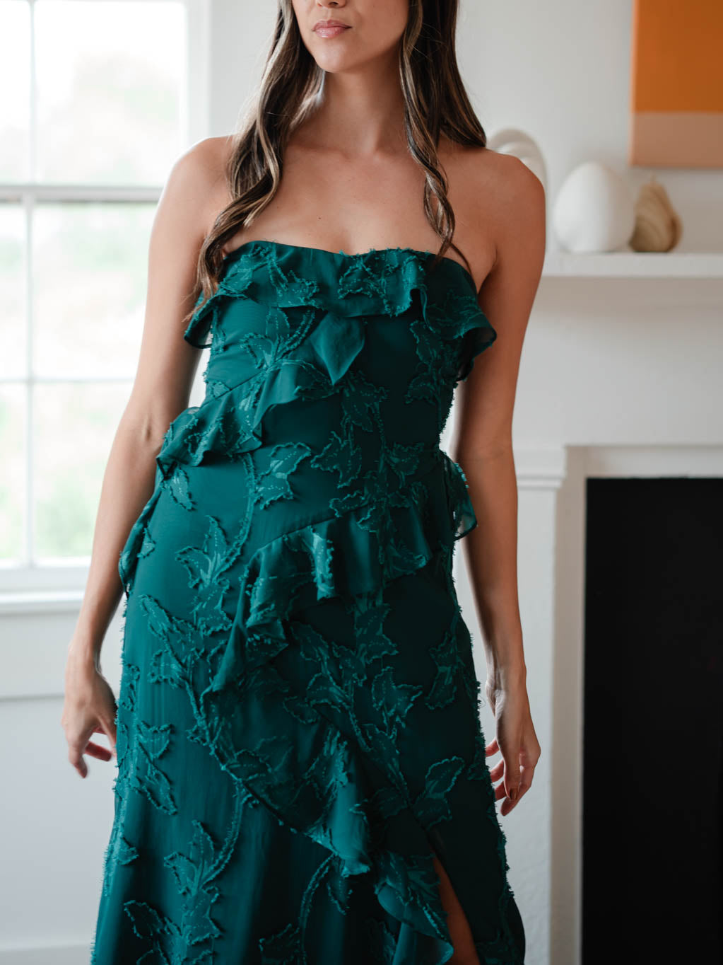 Rain of May Love Letters Textured Maxi Dress with ruffles in deep green - close up showing burnout chiffon texture