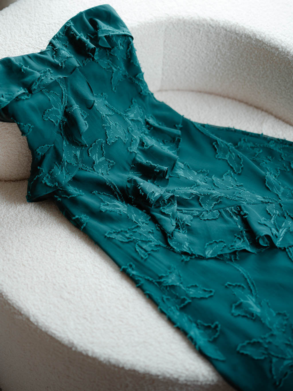 Rain of May Love Letters Textured Maxi Dress flat lay in deep green burnout chiffon