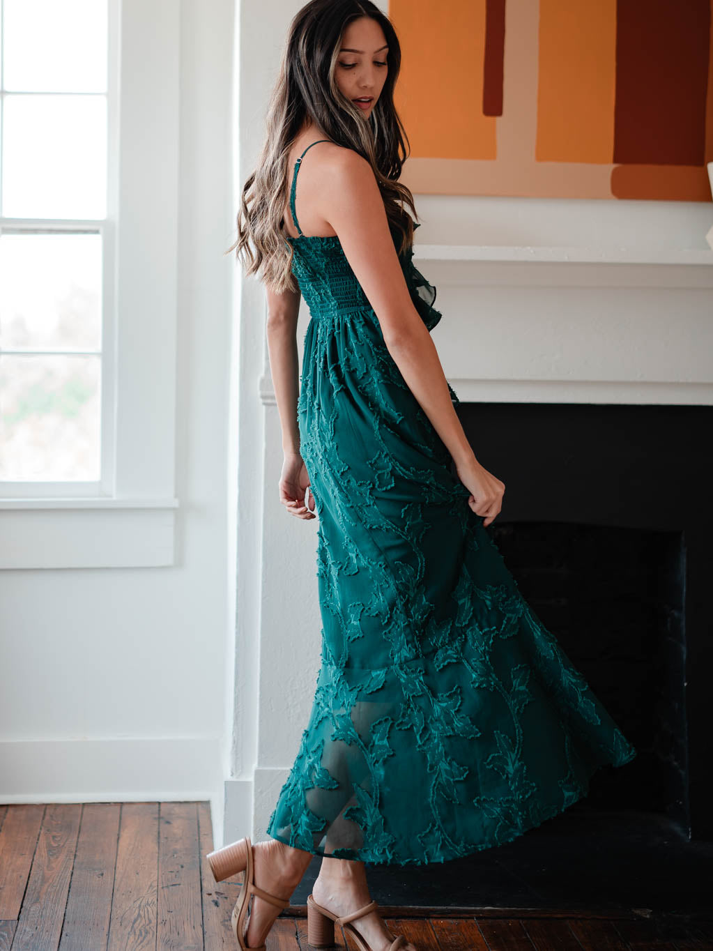 Rain of May Love Letters Textured Maxi Dress with ruffles in deep green - full side view in motion