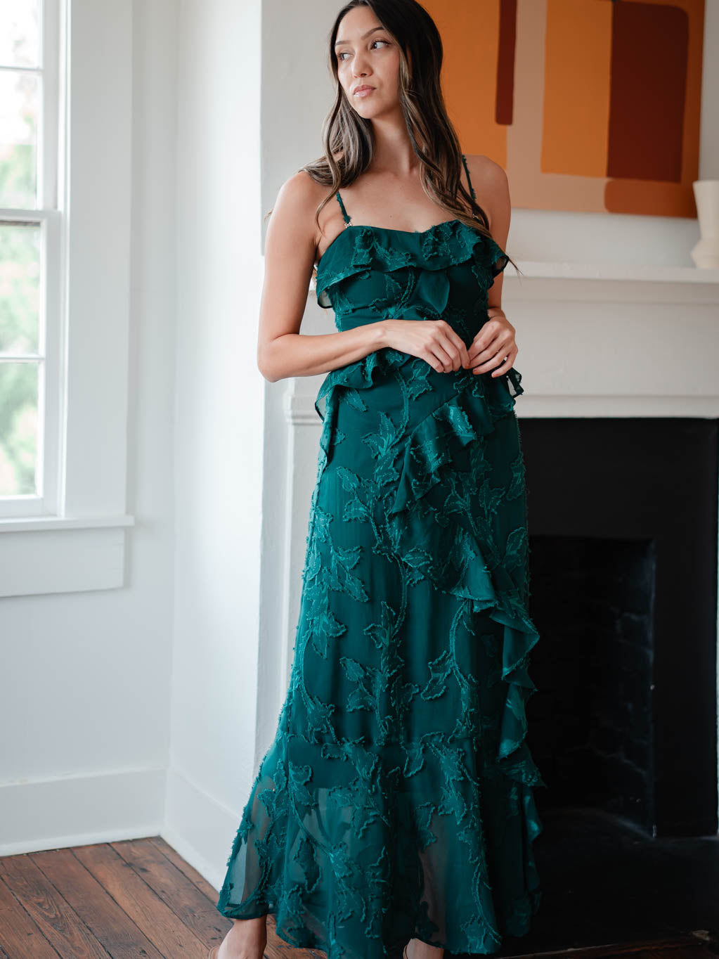 Rain of May Love Letters Textured Maxi Dress with ruffles in deep green - burnout chiffon wedding guest dress