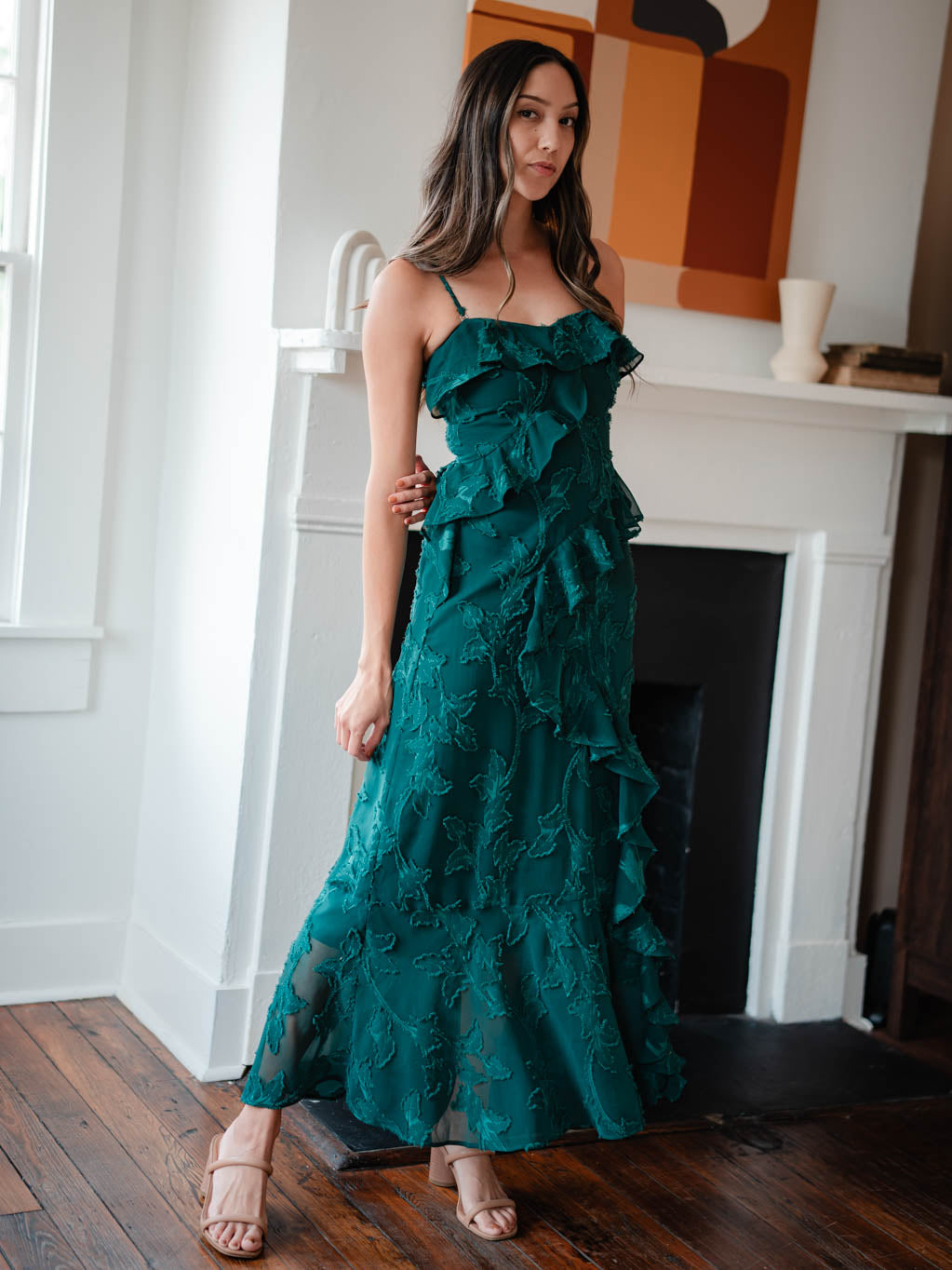 Rain of May Love Letters Textured Maxi Dress in deep green - full front view in motion