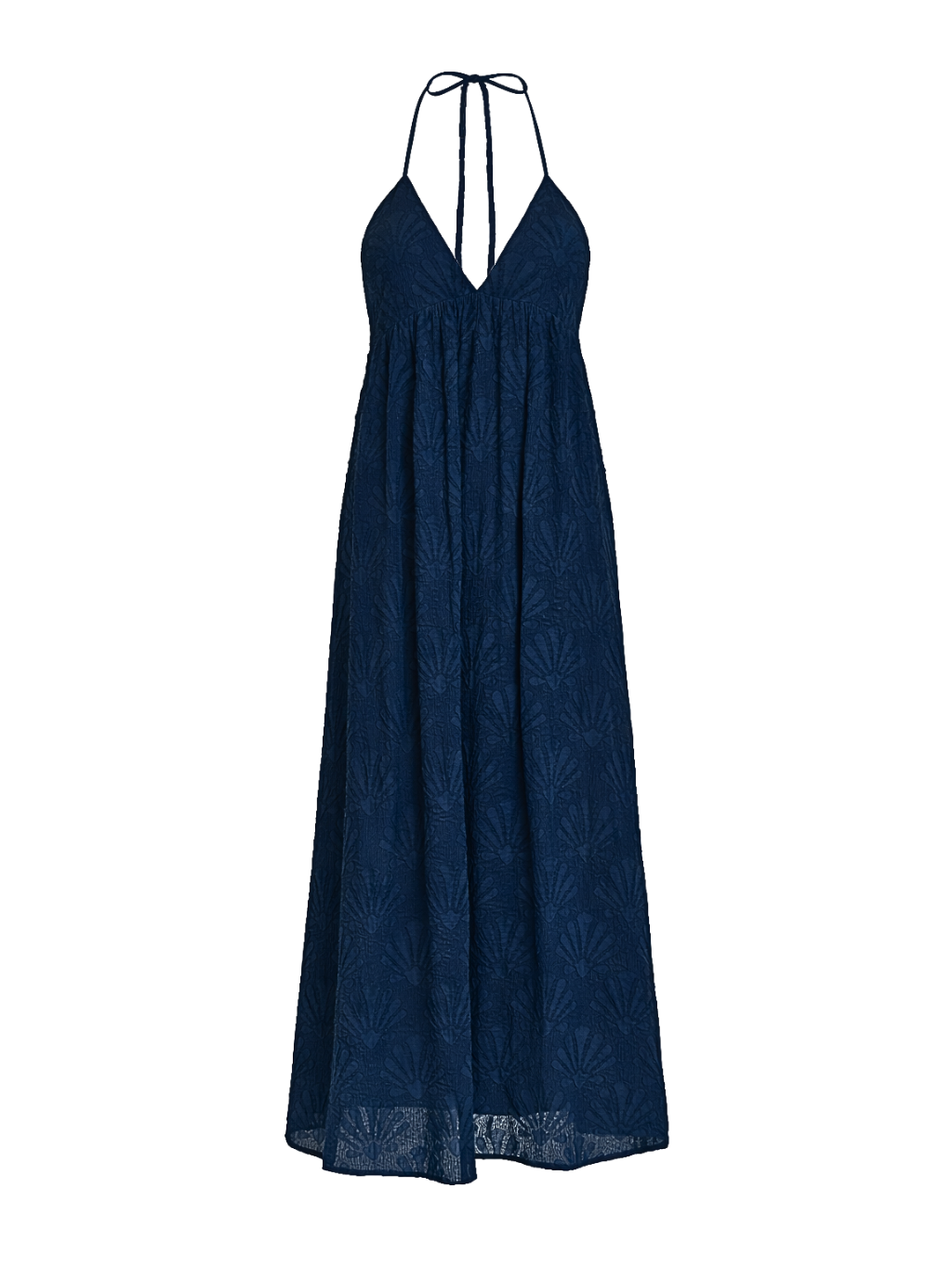 Navy blue dress with thin straps on a white background