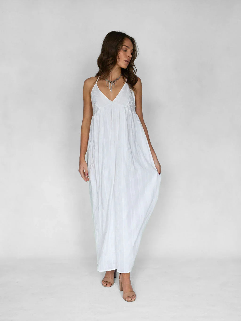 Sweet Nothings Maxi Dress - White & Silver Pinstripe - Rain of May