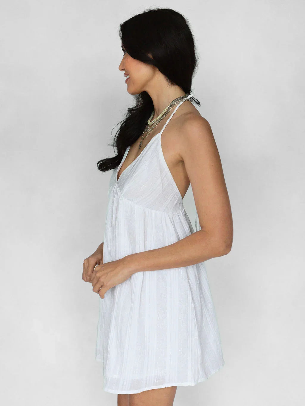 Sweet Nothings Mini Dress - White & Silver Pinstripe - Rain of May