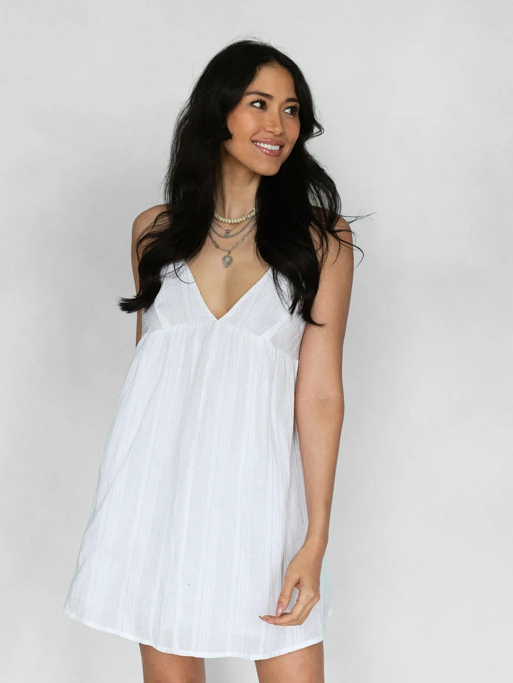 Sweet Nothings Mini Dress - White & Silver Pinstripe - Rain of May