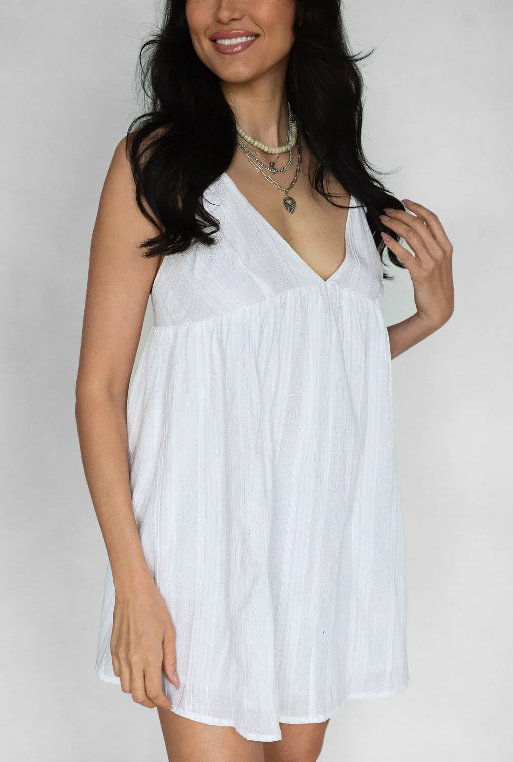Sweet Nothings Mini Dress - White & Silver Pinstripe - Rain of May