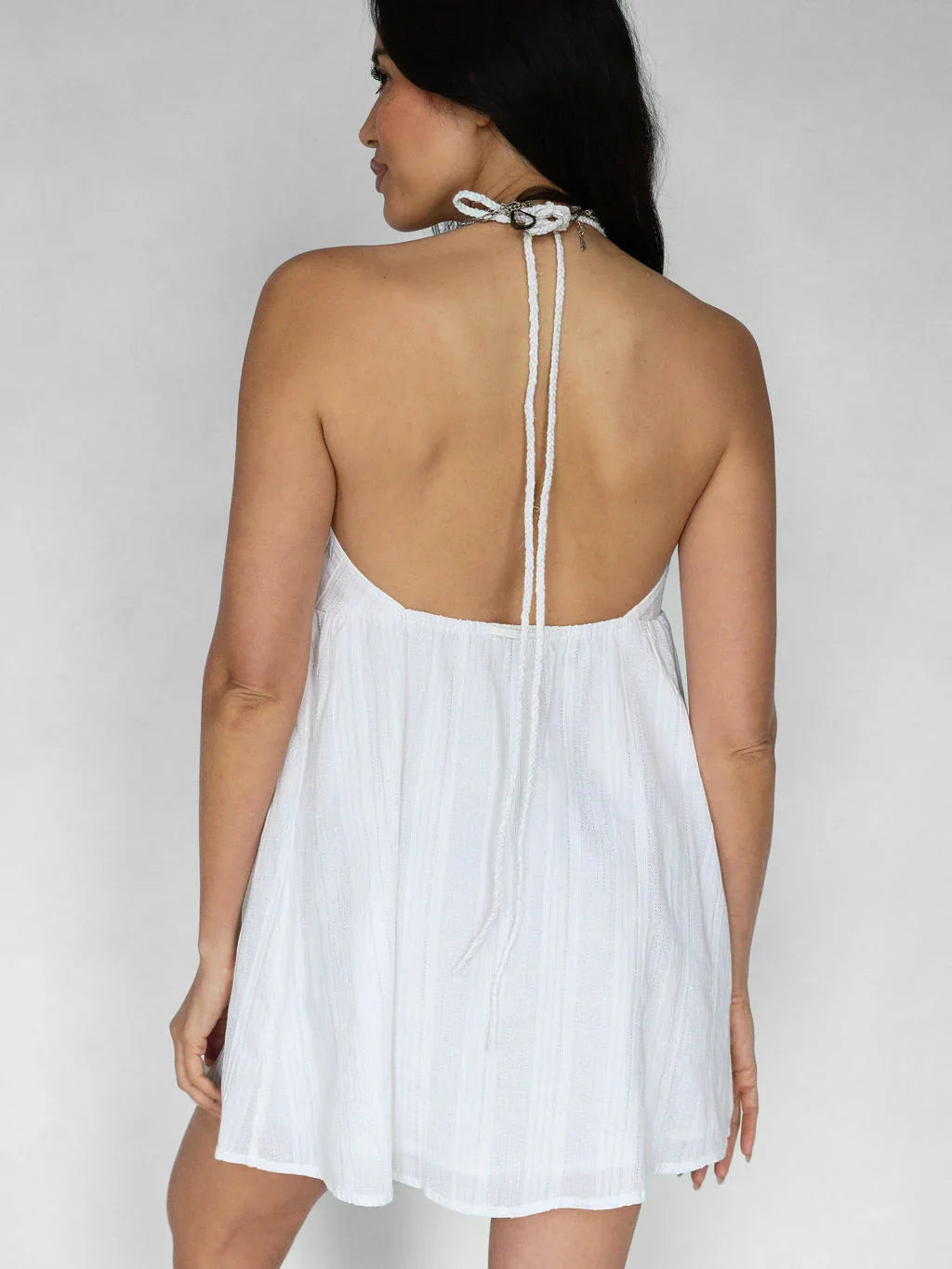 Sweet Nothings Mini Dress - White & Silver Pinstripe - Rain of May